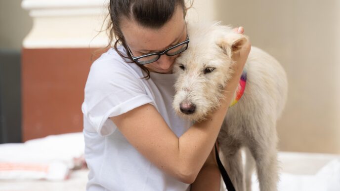 Mujer abraza a perro blanco. Ley Pet Friendly en Ohio podría permitir más mascotas en alquileres. Fomento de adopción y tenencia responsable.