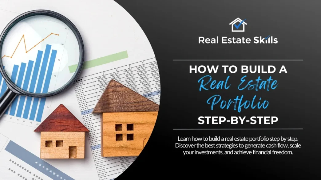 Gráfico y casas de madera ilustran cómo construir un portafolio de bienes raíces paso a paso. Estrategias para invertir.