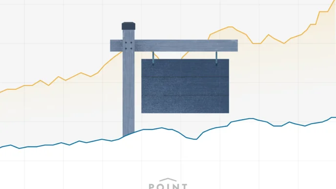 Gráfico del mercado inmobiliario tras Adquisición Steel Peak. Señal de 'Se Vende' con líneas ascendentes. Impacto positivo en el mercado, análisis.