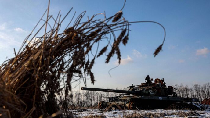 Conflicto Ucrania: Tanque destruido en campo nevado. Impacto en el sector **inmobiliario**. Cobertura **Inmobiliare Summits** sobre la crisis global.