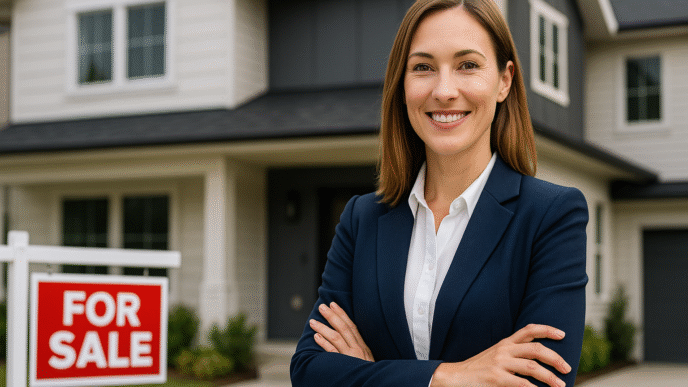 Agente inmobiliario sonriente frente a casa en venta. Asesoramiento experto en inversiones inmobiliarias. Encuentra al mejor agente.