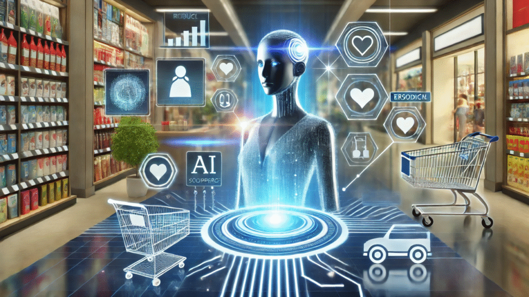 Agente autónomo de IA en retail: visualización futurista con robot, iconos de datos y carros de compra que reflejan la innovación en el sector.