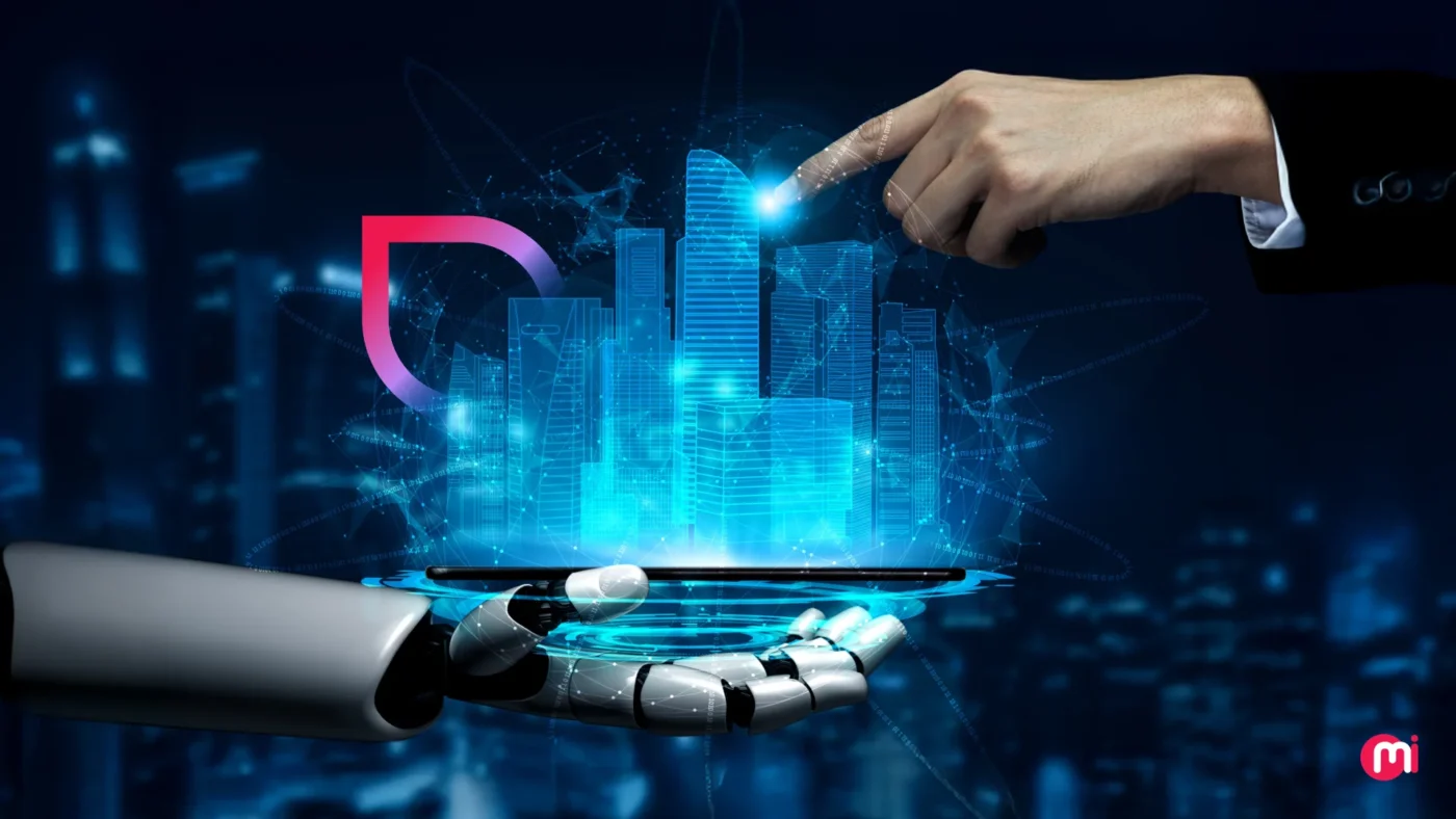 Sponsors/branding.

Diseño conceptual de Inmobiliare Summits, evento de real estate en México. Mano humana interactúa con ciudad digital sobre brazo robótico.