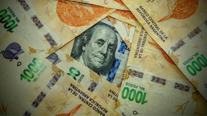 Concepto de economía y finanzas: billetes de mil pesos argentinos rodean un billete de dólar estadounidense. Finanzas en LATAM.