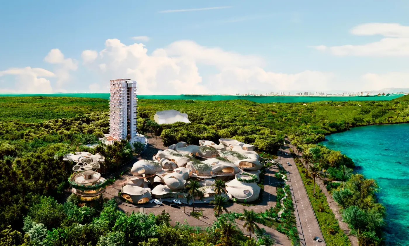 Venue/architecture.

Vista aérea de Aldea Nizuc, nuevo desarrollo hotelero en Cancún. Diseño arquitectónico único para conferencias Inmobiliare Summits en México.