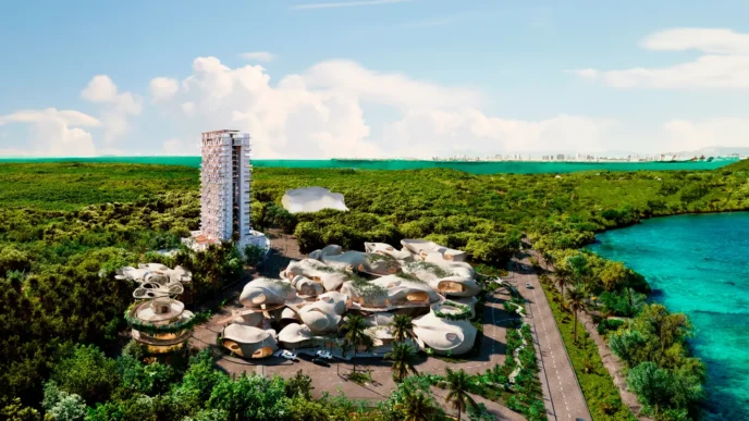 Venue/architecture.

Vista aérea de Aldea Nizuc, nuevo desarrollo hotelero en Cancún. Diseño arquitectónico único para conferencias Inmobiliare Summits en México.