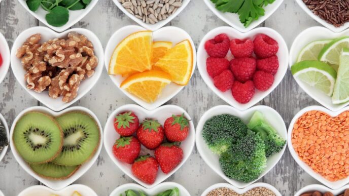 Variedad de alimentos saludables en tazones con forma de corazón. Incluye frutas, verduras, nueces y semillas, promoviendo una dieta equilibrada.