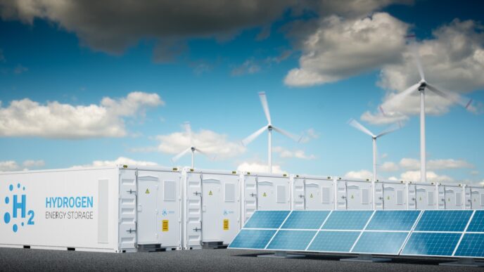 Almacenamiento de hidrógeno con tanques, paneles solares y turbinas eólicas. Solución sostenible para la transformación del real estate.