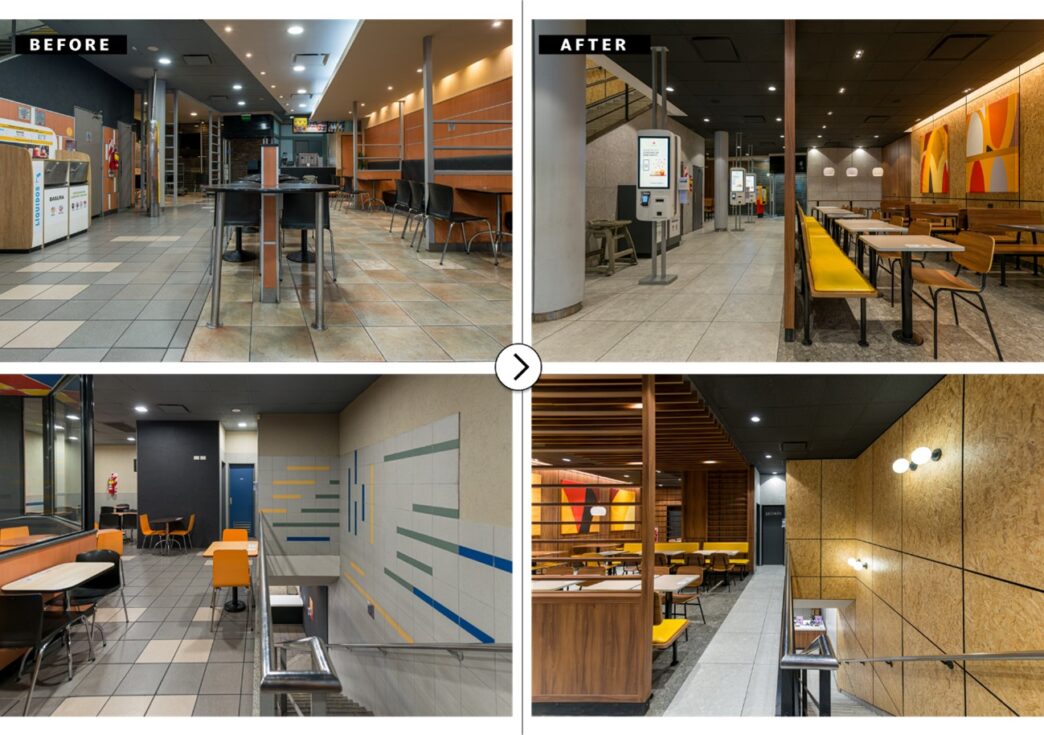 Remodelación de local Alsea: antes y después. Diseño moderno con mobiliario renovado. Inversión en real estate y nuevos locales.