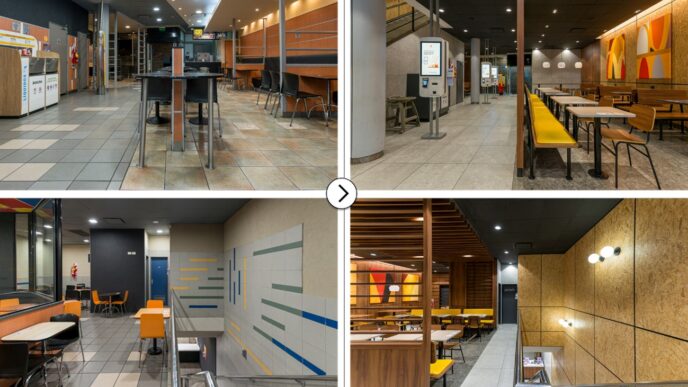 Remodelación de local Alsea: antes y después. Diseño moderno con mobiliario renovado. Inversión en real estate y nuevos locales.