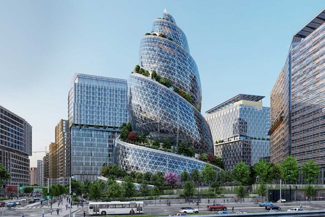 Edificio innovador Amazon Nova: diseño en espiral con vegetación integrada. Arquitectura tecnológica inmobiliaria que redefine el paisaje urbano.