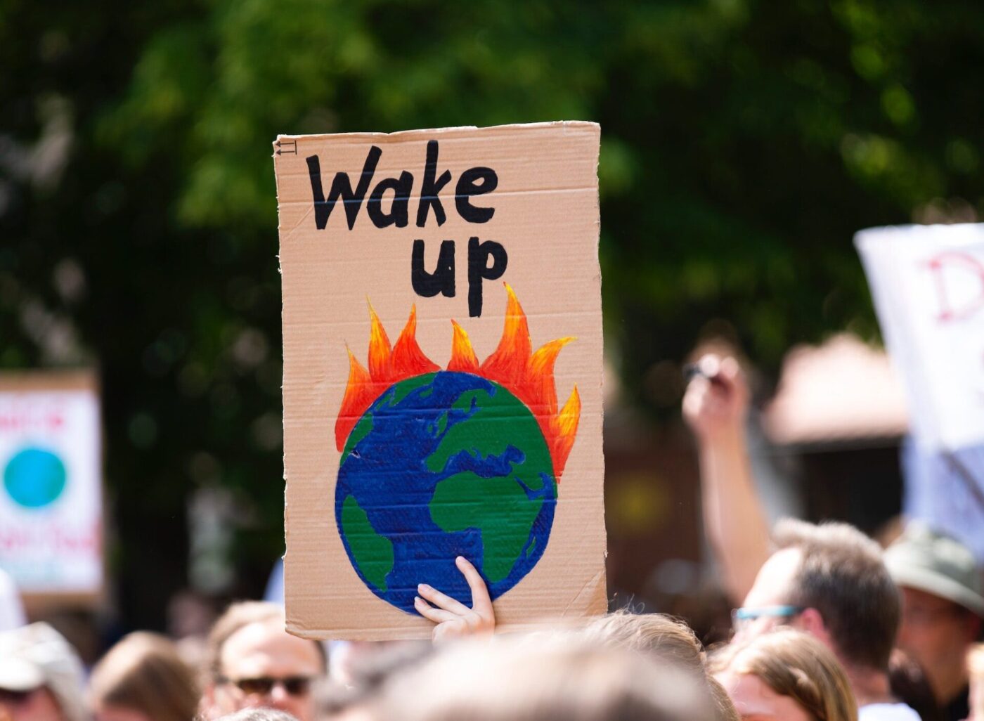 Categorization: city/destination

Manifestación ambiental en México. Cartel con mensaje Wake up y dibujo del planeta en llamas. Impacto del Tren Maya en el real estate.