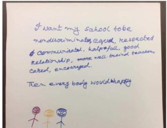 I want my school to be nondiscriminatory, equal, respected, communicated, helpful, good, relationship, more well-trained teacher, cared, encouraged. Then everybody would be happy.