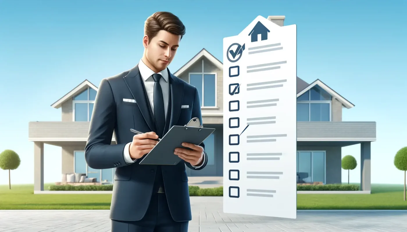 Representación de agente de bienes raíces revisando lista de verificación frente a una casa. Concepto de inversión inmobiliaria en México.