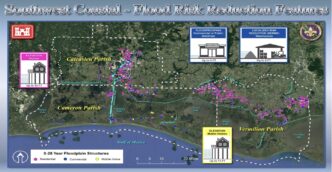 Mapa de análisis de riesgos costeros en LATAM. Muestra inundaciones en Calcasieu, Cameron y Vermilion. Inmobiliare Summits, real estate.