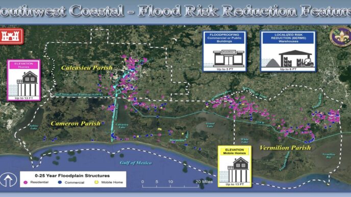 Mapa de análisis de riesgos costeros en LATAM. Muestra inundaciones en Calcasieu, Cameron y Vermilion. Inmobiliare Summits, real estate.