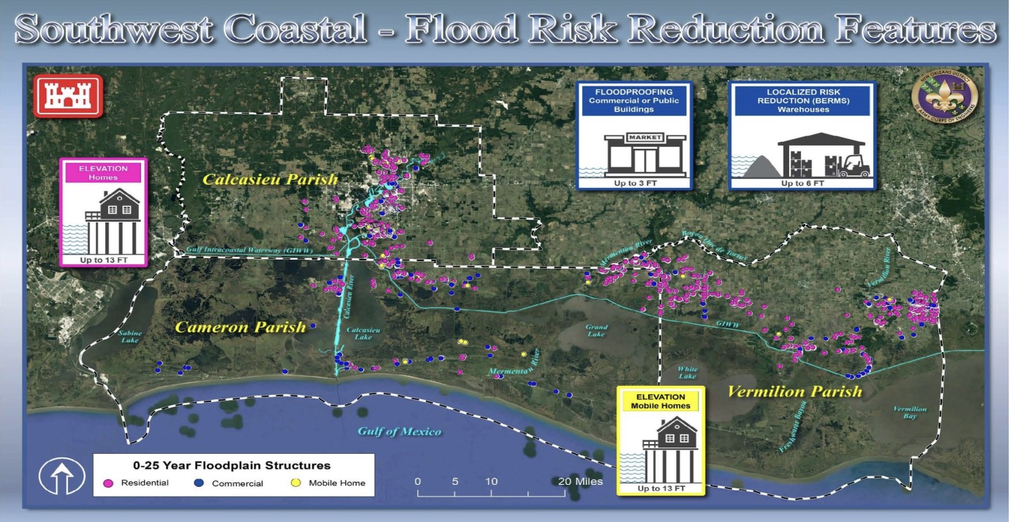 Mapa de análisis de riesgos costeros en LATAM. Muestra inundaciones en Calcasieu, Cameron y Vermilion. Inmobiliare Summits, real estate.