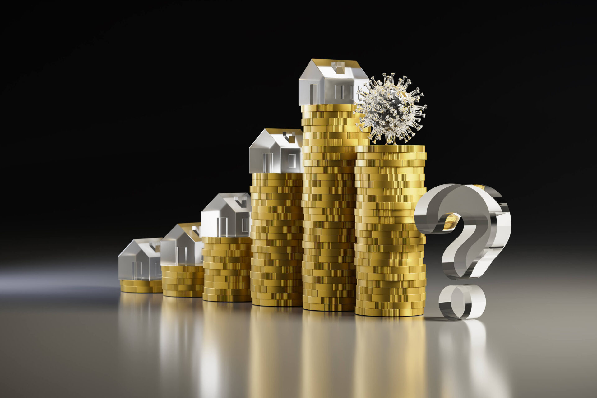 Ilustración del impacto del COVID en el sector inmobiliario. Casas sobre pilas de monedas y un signo de interrogación. Inmobiliare Summits, real estate.