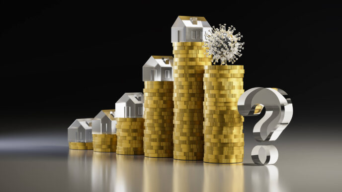 Ilustración del impacto del COVID en el sector inmobiliario. Casas sobre pilas de monedas y un signo de interrogación. Inmobiliare Summits, real estate.