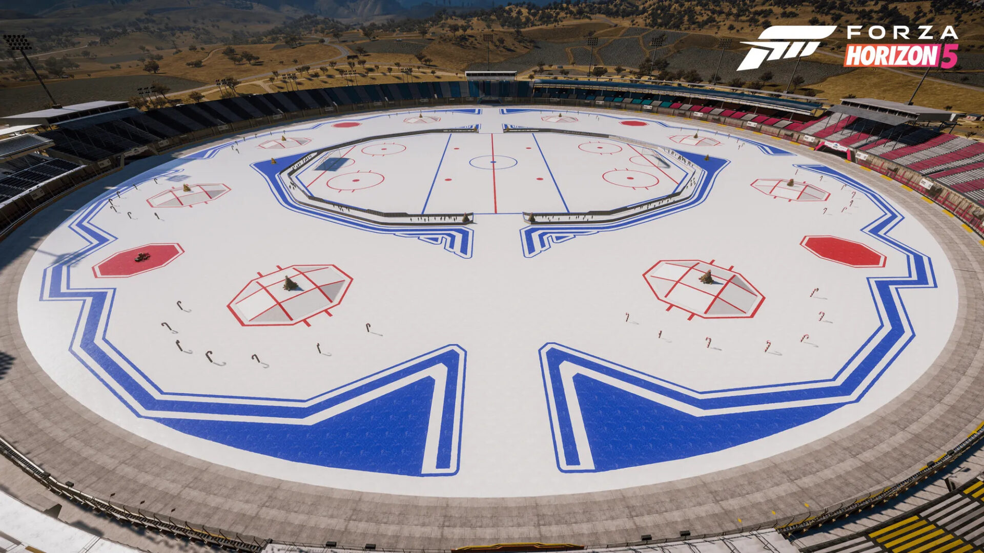 venue/architecture

Vista aérea del estadio Arena GTO en México, transformado en pista de hielo para Forza Horizon 5. Diseño único, gran espacio para eventos.