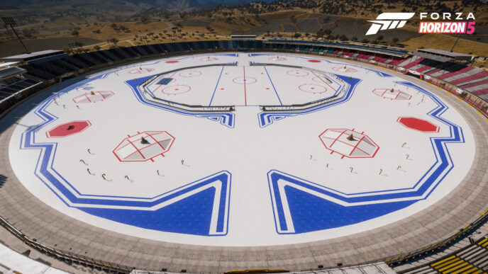 venue/architecture

Vista aérea del estadio Arena GTO en México, transformado en pista de hielo para Forza Horizon 5. Diseño único, gran espacio para eventos.