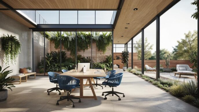 Espacio de trabajo con diseño bioclimático: mesa, sillas azules, vegetación interior y exterior. Arquitectura Bioclimática UPA, diseño sostenible