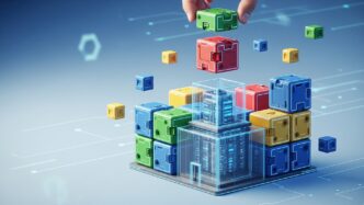 Representación de la Arquitectura Composable en IA para Bienes Raíces con bloques modulares, simbolizando flexibilidad y innovación tecnológica.