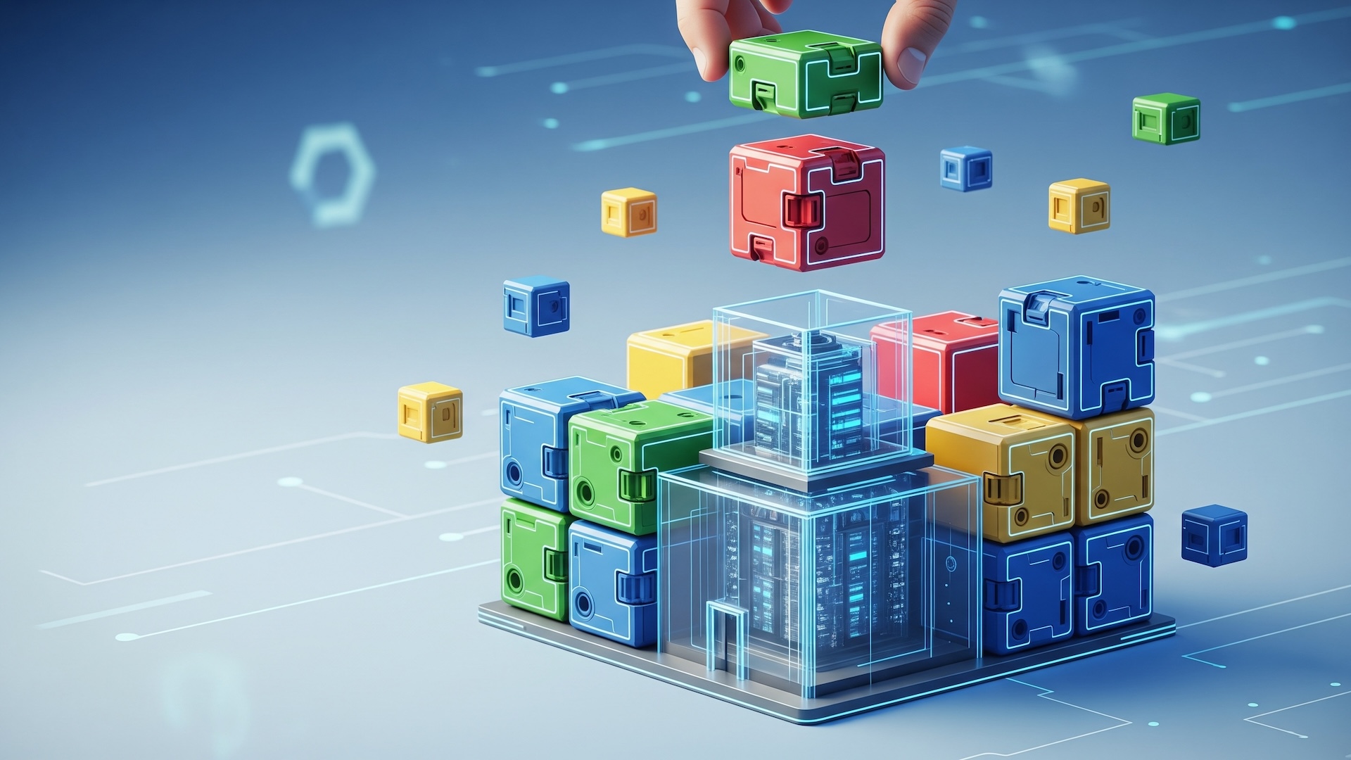 Representación de la Arquitectura Composable en IA para Bienes Raíces con bloques modulares, simbolizando flexibilidad y innovación tecnológica.