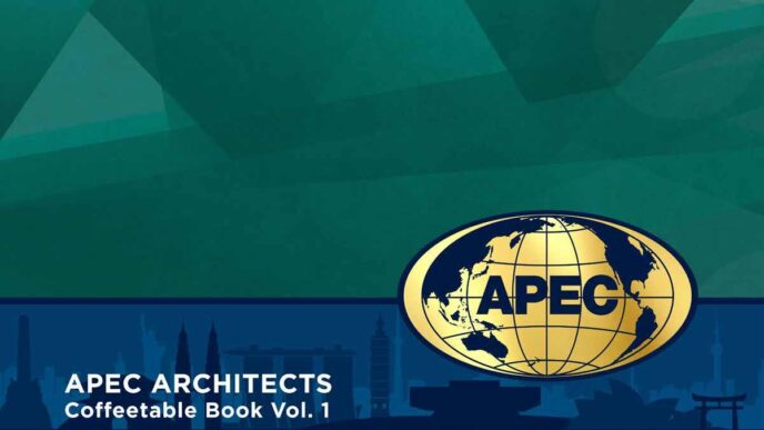 Sponsors/branding.

Portada del libro APEC Architects Coffeetable Book Vol. 1. Diseño gráfico con logo APEC. Inmobiliare Summits destaca sponsors en evento.