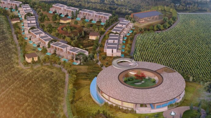 Vista aérea de un venue arquitectónico moderno rodeado de viñedos. Diseño innovador para eventos Inmobiliare Summits en México. Real estate.