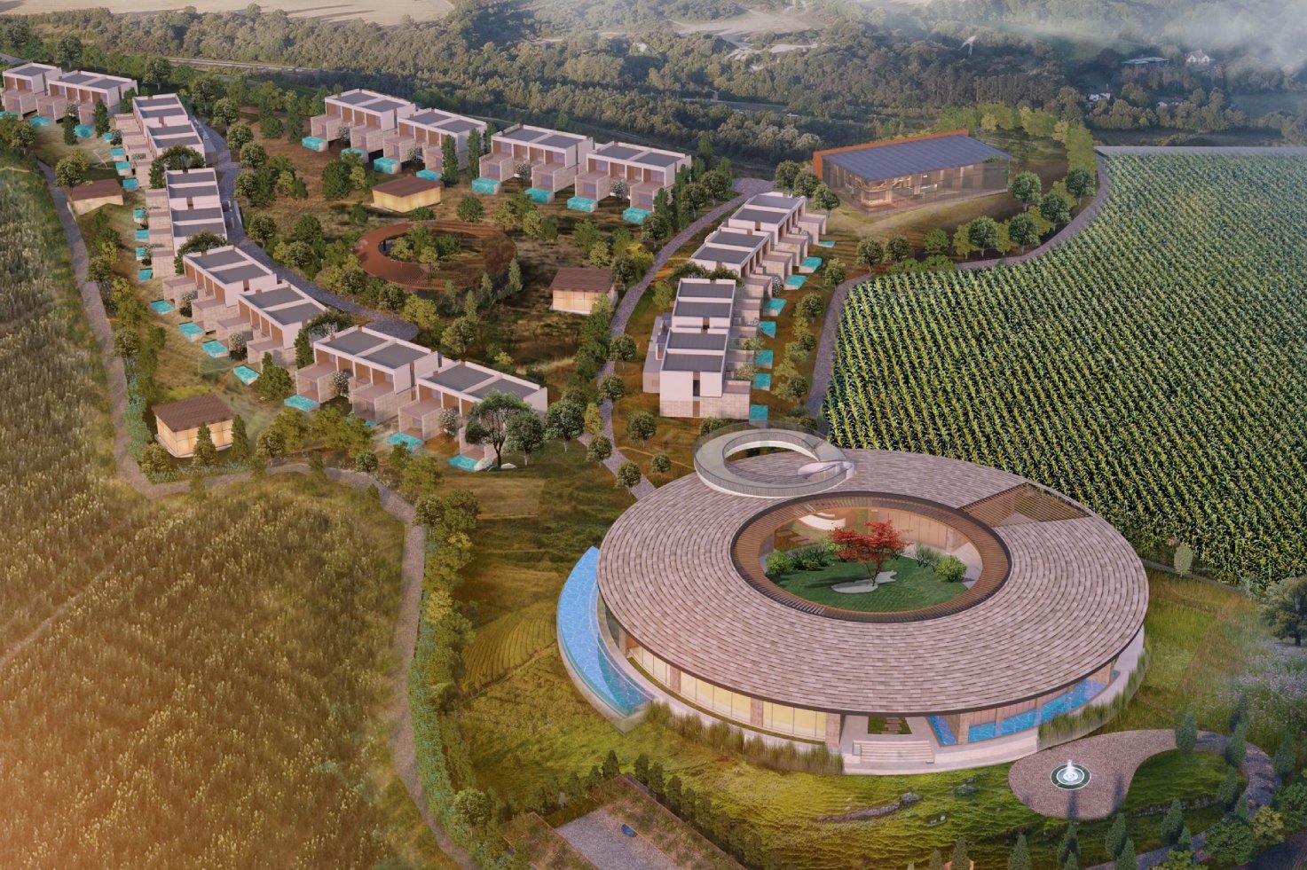 Vista aérea de un venue arquitectónico moderno rodeado de viñedos. Diseño innovador para eventos Inmobiliare Summits en México. Real estate.