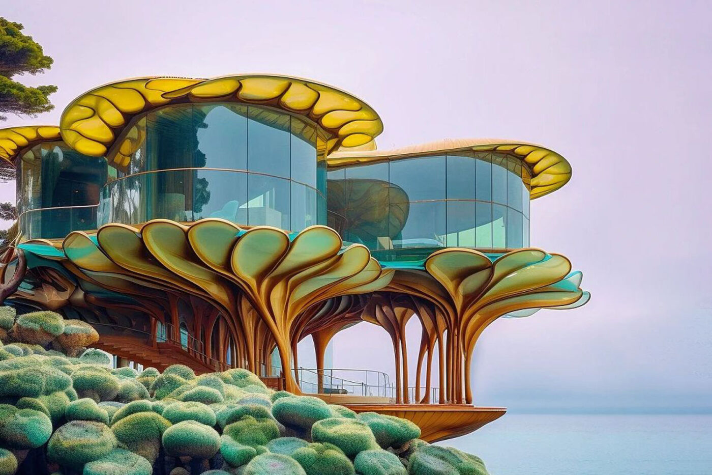 Arquitectura de datos futurista inspirada en la naturaleza. Diseño orgánico con vidrio y estructuras que simulan hojas. Arte y ciencia en la era de la IA.