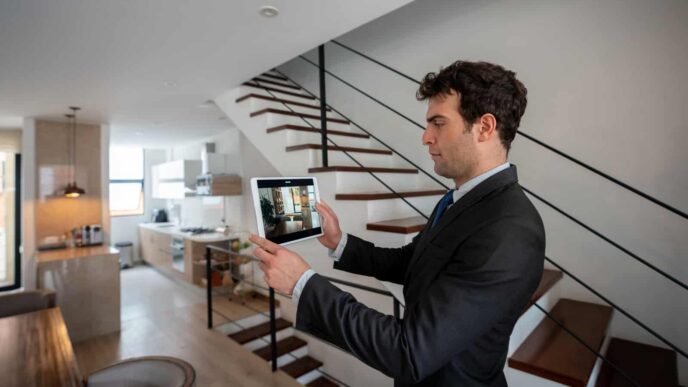 Asesores virtuales mostrando tour virtual de propiedad inmobiliaria en tablet. Medidas comerciales Covid-19, asesoramiento remoto.