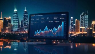 Gráfico de software inmobiliario libre mostrando el auge en el sector, con rascacielos iluminados al fondo. Análisis y datos en pantalla.