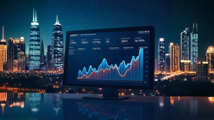 Gráfico de software inmobiliario libre mostrando el auge en el sector, con rascacielos iluminados al fondo. Análisis y datos en pantalla.