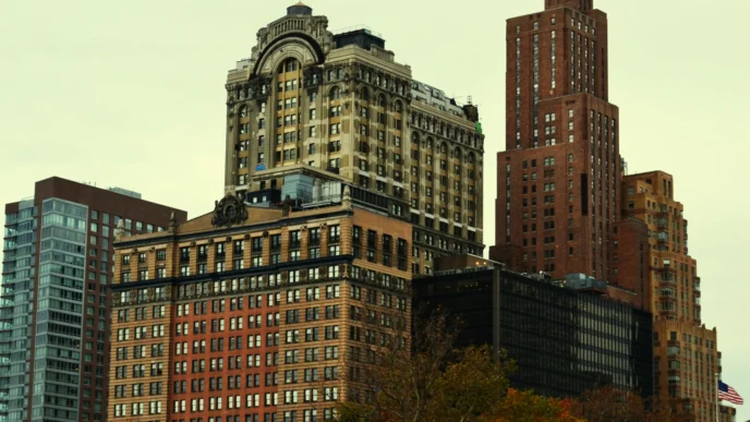 Edificios de oficinas en Nueva York muestran el auge del alquiler y revitalización del real estate. Arquitectura diversa y cielo nublado de fondo.