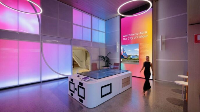 Venue/architecture.

Interior moderno con iluminación neón. Diseño innovador en espacio para eventos Inmobiliare Summits. Arquitectura vanguardista en ciudad LATAM.