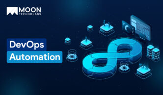 Ilustración de Automatización DevOps en Real Estate, mostrando un ciclo infinito, en fondo azul, con íconos de servidores y código. Moon Technolabs.