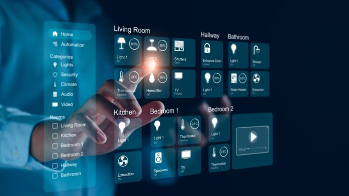 Panel táctil de automatización en Real Estate. Control de luces, temperatura, seguridad y video en salón, cocina, dormitorios y baño.