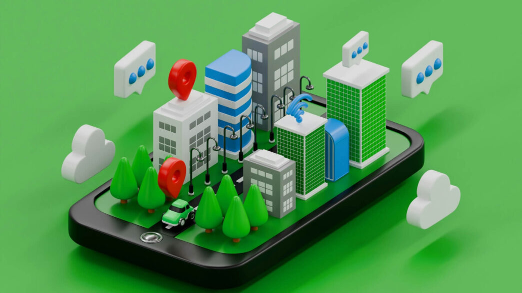Ilustración 3D de ciudad en smartphone, concepto de automatización en Real Estate con Terraform y AWS. Muestra edificios, árboles y un coche.