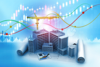 Visualización 3D de edificios en construcción con grúa, planos, calculadora y gráficos. Automatización inteligente en bienes raíces.