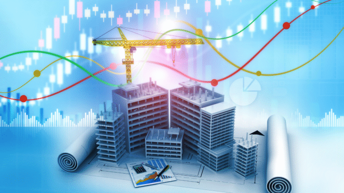 Visualización 3D de edificios en construcción con grúa, planos, calculadora y gráficos. Automatización inteligente en bienes raíces.