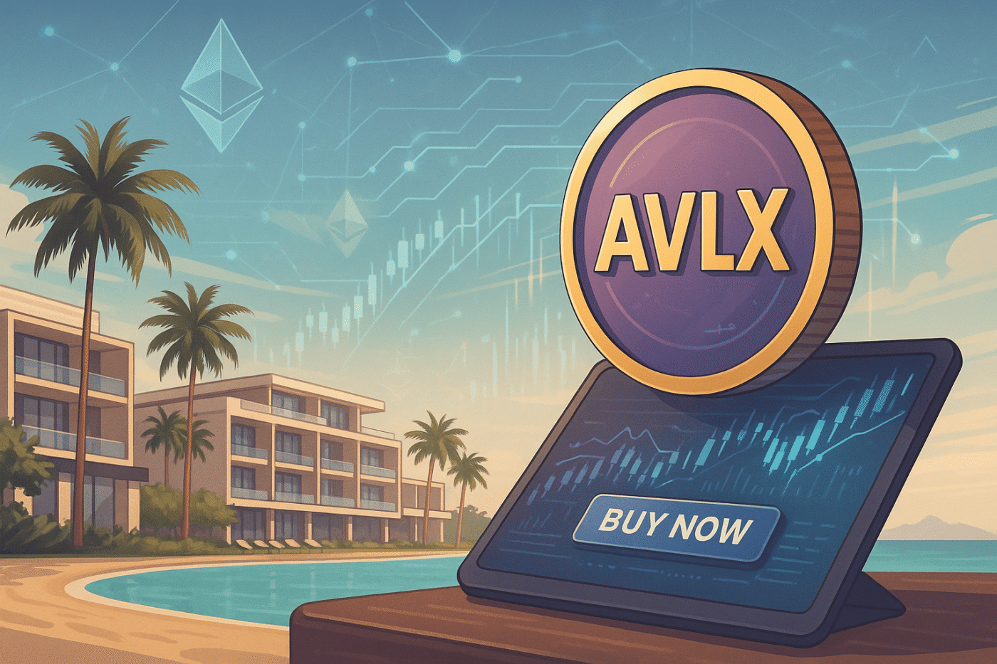 Ilustración de Avalon X y Ethereum, mostrando innovación con AVLX en una tablet frente a un resort de lujo. Inversión premium y futuro financiero.