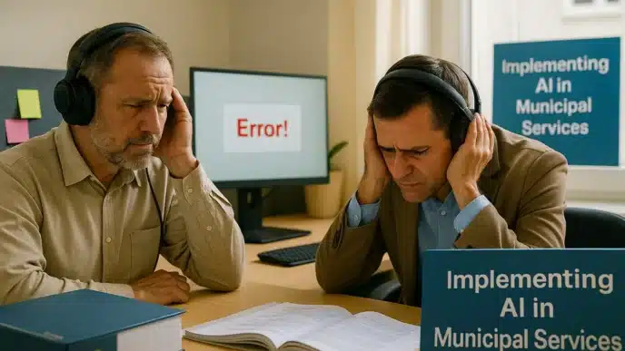 speakers/headshot

Dos personas con auriculares y expresión de frustración frente a un monitor con error. Inteligencia Artificial en servicios.