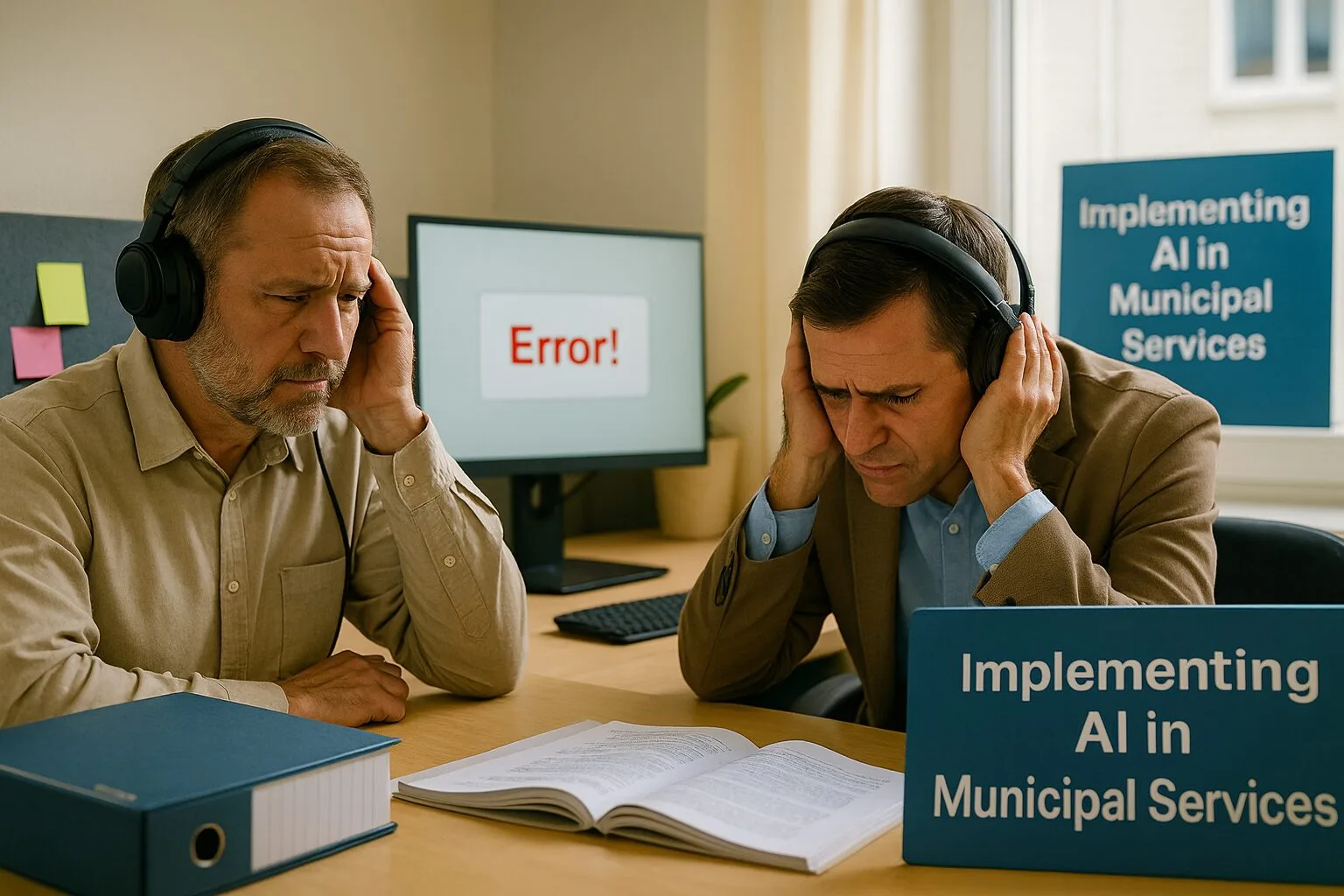 speakers/headshot

Dos personas con auriculares y expresión de frustración frente a un monitor con error. Inteligencia Artificial en servicios.