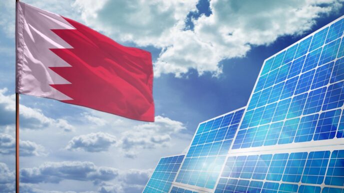 sponsors/branding
Bandera de Baréin ondeando junto a paneles solares. Energía renovable, sostenibilidad.