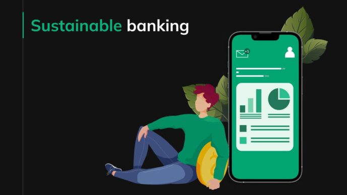 Ilustración de un banco digital sostenible con un hombre, moneda y gráficas en un móvil. Banca Tandem y sostenibilidad representadas visualmente.