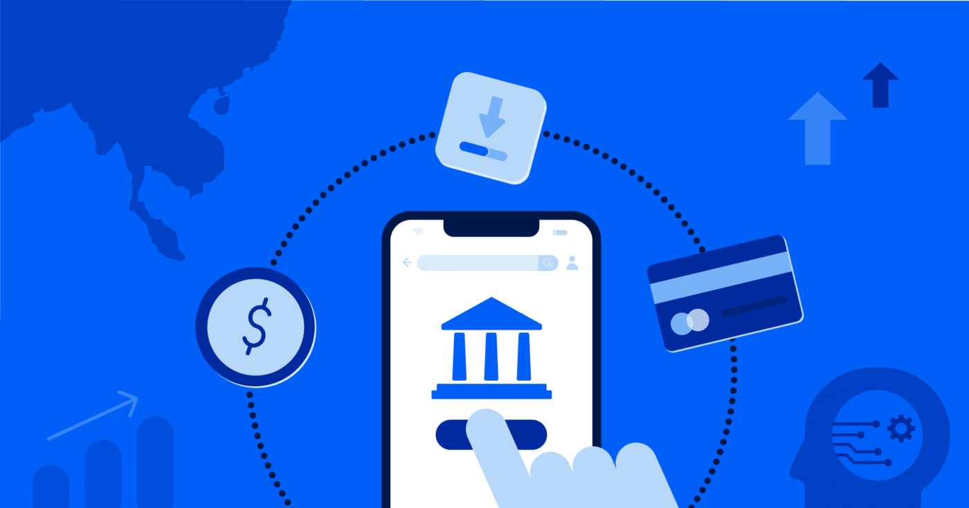 speakers/headshot
Ilustración de banca móvil con un teléfono inteligente, tarjeta de crédito, dólar, descarga y gráficos de crecimiento.