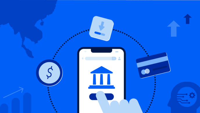 speakers/headshot
Ilustración de banca móvil con un teléfono inteligente, tarjeta de crédito, dólar, descarga y gráficos de crecimiento.