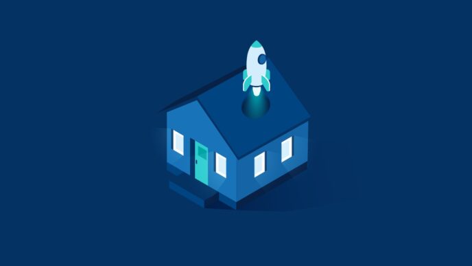 Ilustración de vivienda azul con cohete saliendo del techo. BBVA avales vivienda jóvenes, impulsando el acceso a la primera vivienda.